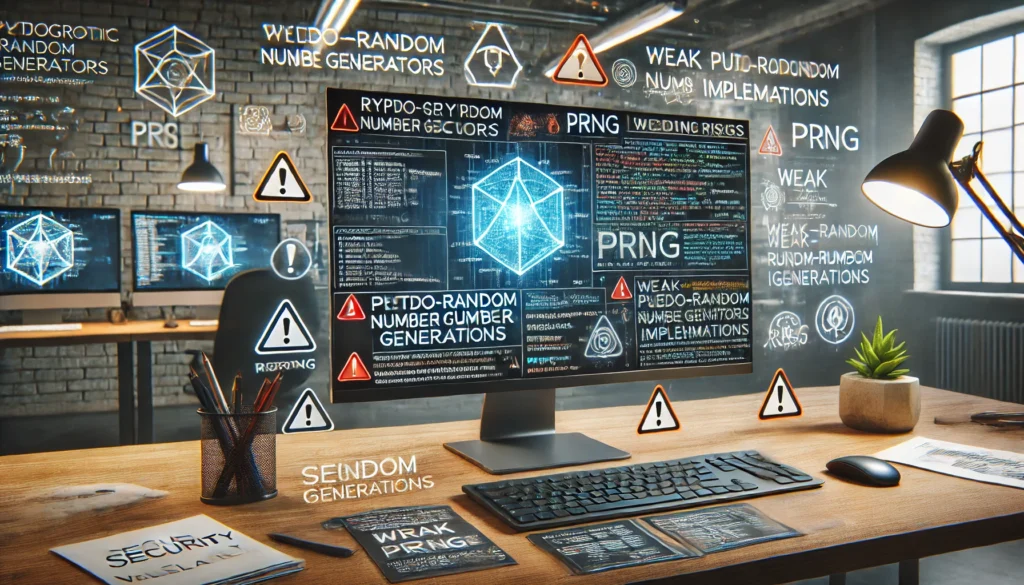 Computer screen showing cryptographic security risks related to weak PRNG implementations.