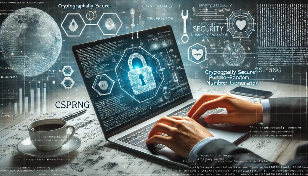 Cryptographically secure Pseudo-Random Number Generator (CSPRNG) in action with code on a laptop.